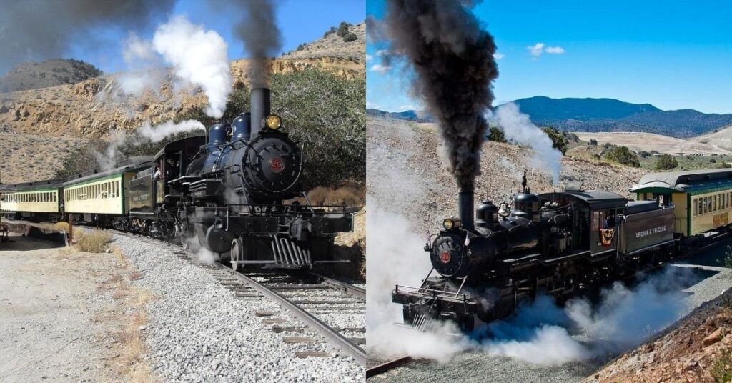 Things to do in Virginia City showing vintage railcars of the Virginia and Truckee Railroad
