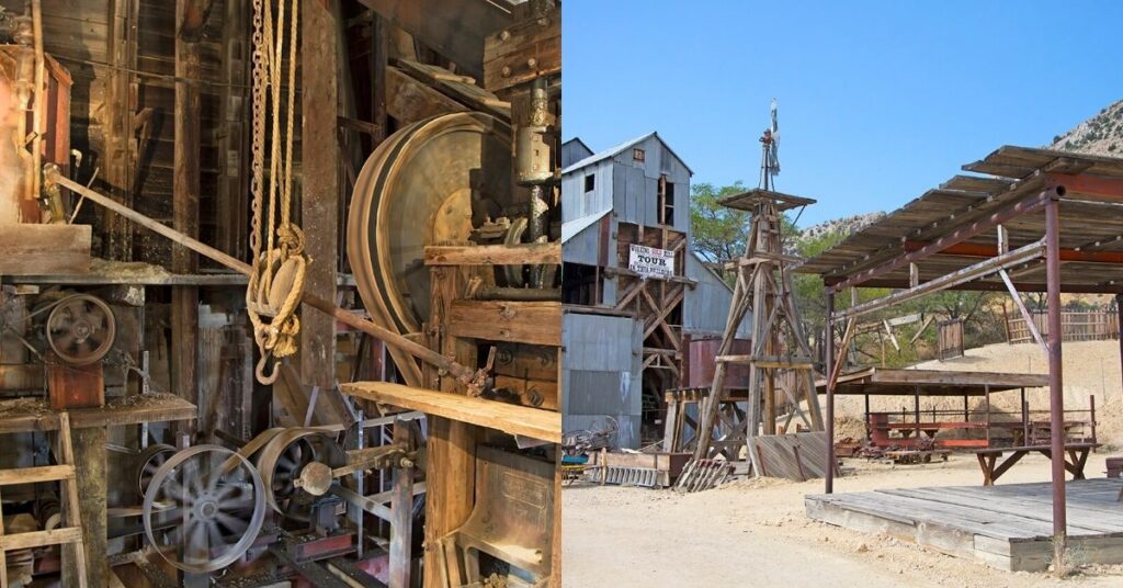Things to do in Virginia City showing machinery and ore processing equipment inside the Comstock Gold Mill
