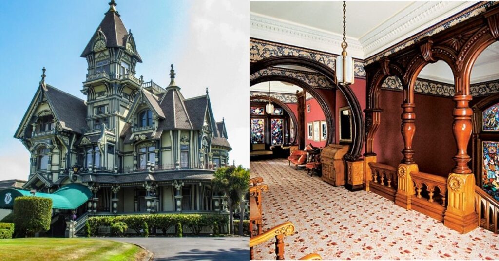 Things to do in Eureka showing the exterior view of Carson Mansion with Victorian architecture in a quiet walkable area